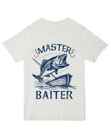 "Khaki fishing humor t-shirt with 'Master Baiter' angler pun design"