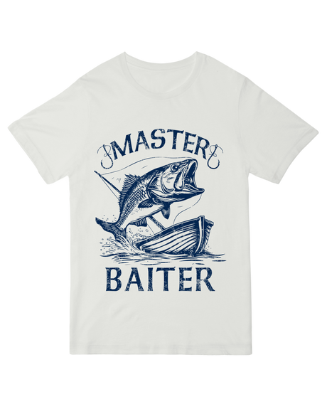 "Khaki fishing humor t-shirt with 'Master Baiter' angler pun design"