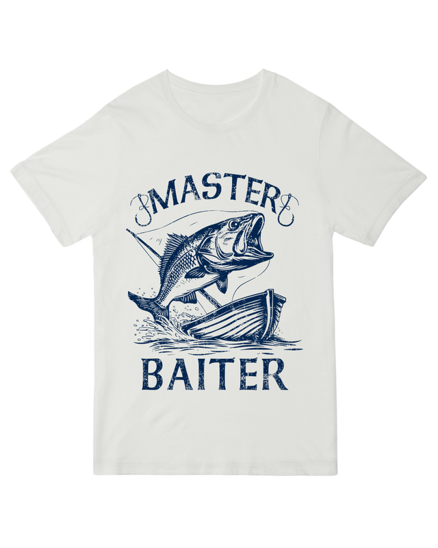 "Khaki fishing humor t-shirt with 'Master Baiter' angler pun design"