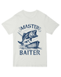 "Khaki fishing humor t-shirt with 'Master Baiter' angler pun design"