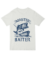 "Khaki fishing humor t-shirt with 'Master Baiter' angler pun design"