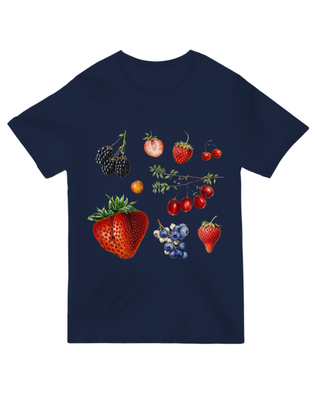 "Colorful 'Mixed Berries' graphic t-shirt in [color], vibrant strawberry blueberry raspberry print tee"