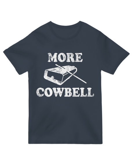 "Vintage distressed 'MORE COWBELL' t-shirt inspired by SNL's classic sketch, white text on black soft cotton"