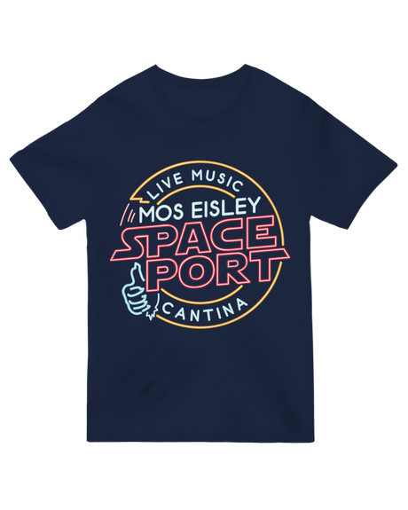 "Vintage travel poster style Mos Eisley Spaceport t-shirt with Star Wars Tatooine design, distressed retro sci-fi apparel"