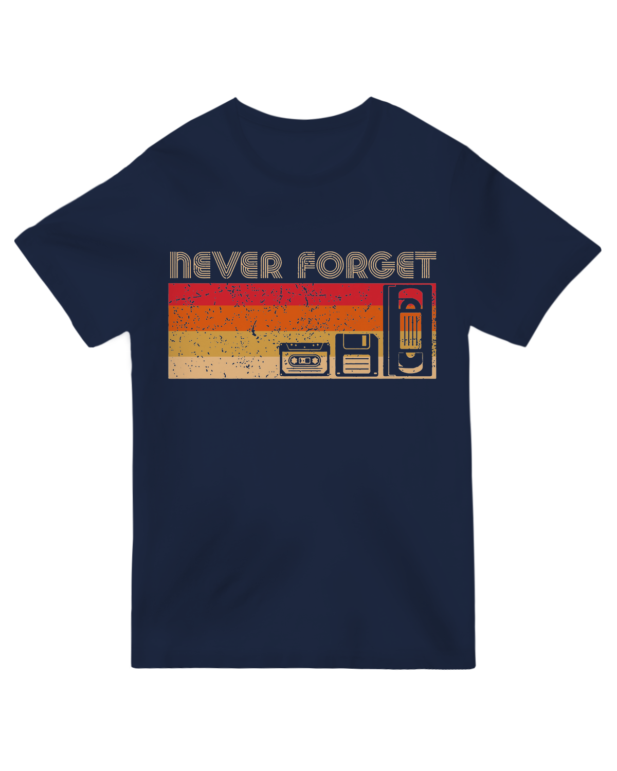 "Never Forget Video graphic t-shirt with distressed VHS tape design, worn by 90s enthusiast holding vintage camcorder"