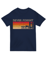 "Never Forget Video graphic t-shirt with distressed VHS tape design, worn by 90s enthusiast holding vintage camcorder"