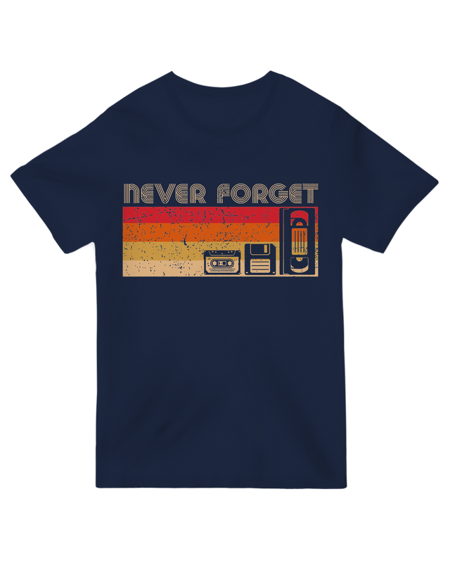 "Never Forget Video graphic t-shirt with distressed VHS tape design, worn by 90s enthusiast holding vintage camcorder"