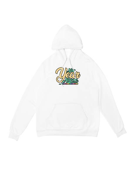 Alt Text: "New Year New Me Hoodie 2025, gray fleece pullover with inspirational text, unisex cozy sweatshirt"