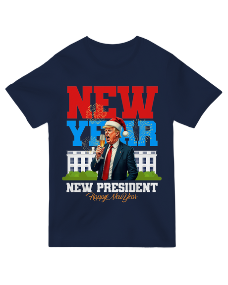 Alt Text: "Black cotton t-shirt with bold white 'New Year New President' text, unisex political statement tee for elections and activism."