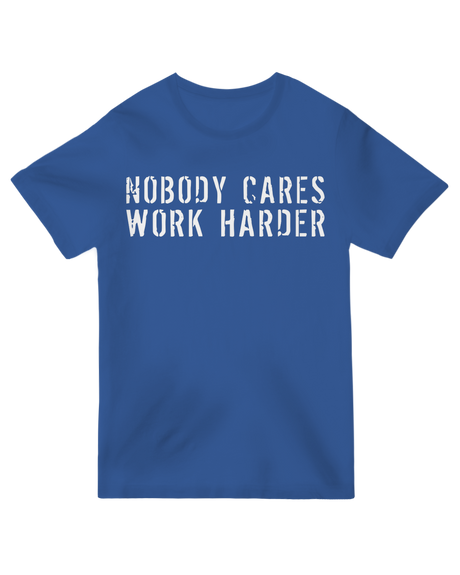 "Black sarcastic 'Nobody Cares...' t-shirt for ironic humor and moody vibes"