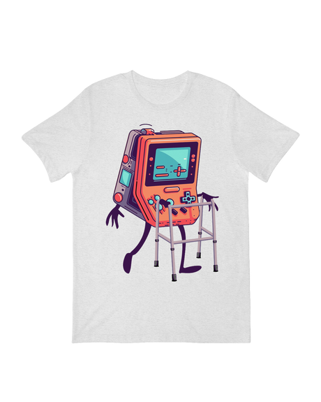 "Black retro gaming t-shirt with classic controller graphic, modeled with arcade joystick for 90s nostalgia appeal"