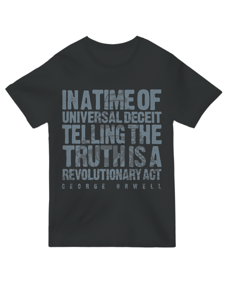 "Vintage-style 'Orwellian Truth' t-shirt with 1984-inspired design, featuring distressed text and Big Brother aesthetic on soft cotton"