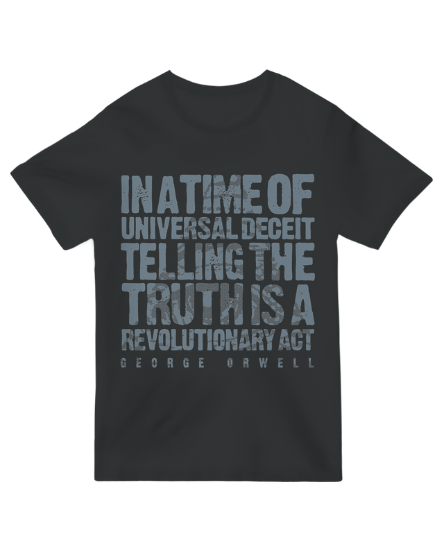 "Vintage-style 'Orwellian Truth' t-shirt with 1984-inspired design, featuring distressed text and Big Brother aesthetic on soft cotton"