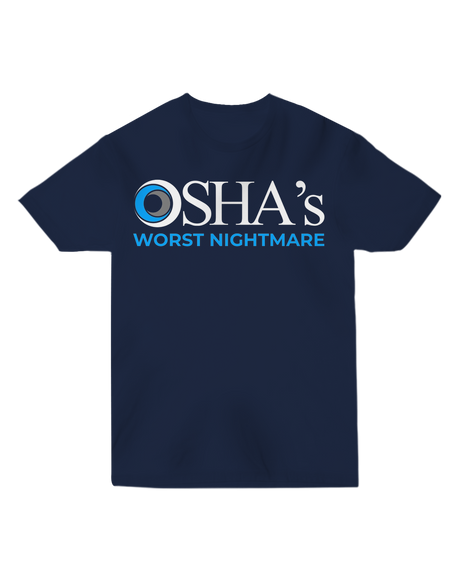 "Orange ‘OSHA’s Worst Nightmare’ t-shirt with caution tape graphic, modeled with hard hat and tool belt for construction site aesthetic"