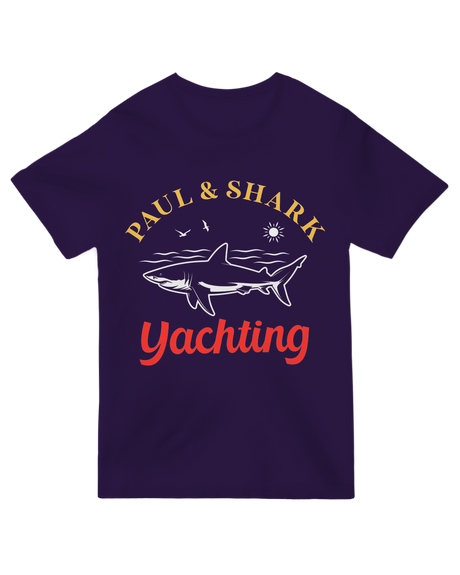"Navy blue yachting humor t-shirt featuring Paul Yachting and Funny Shark design"