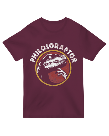 "Classic Philosoraptor meme t-shirt featuring the green dinosaur with thought bubble, vintage internet humor apparel"