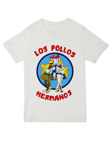 "Yellow ‘Los Pollos Hermanos’ parody t-shirt with minimalist chicken logo, modeled with lab beaker for Breaking Bad aesthetic"