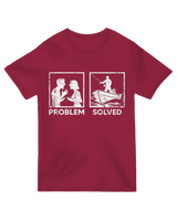 "Black 'Problem Solved' humorous t-shirt with bold typography - perfect for tech and fixer humor"
