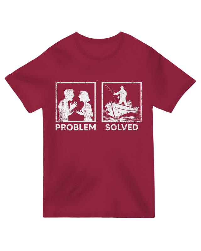 "Black 'Problem Solved' humorous t-shirt with bold typography - perfect for tech and fixer humor"