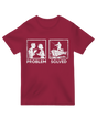 "Black 'Problem Solved' humorous t-shirt with bold typography - perfect for tech and fixer humor"