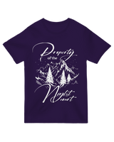 "ACOTAR fan wearing black 'Property of the Night Court' t-shirt holding crescent moon necklace"