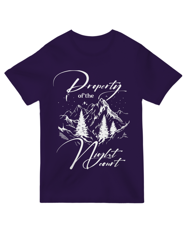 "ACOTAR fan wearing black 'Property of the Night Court' t-shirt holding crescent moon necklace"