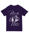 "ACOTAR fan wearing black 'Property of the Night Court' t-shirt holding crescent moon necklace"