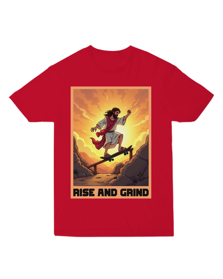 "Black ‘Rise and Grind’ t-shirt with white inspirational typography, modeled during morning workout for high-energy aesthetic"