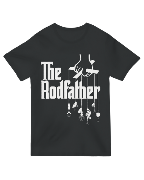 "Navy blue ‘The Rodfather’ fishing humor t-shirt for anglers and pun lovers"