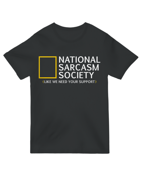 "Heather gray 'National Sarcasm Society' t-shirt with minimalist ironic text - cotton tee for dry humor lovers and introverts"