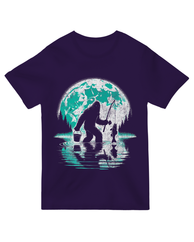 "Forest green ‘Sasquatch Fishing’ t-shirt with Bigfoot angler design for outdoor humor lovers"