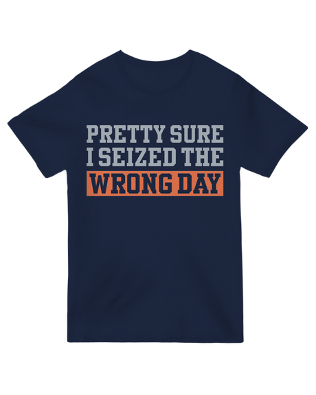 "Blue medical humor t-shirt with 'Seized The Wrong Day' text - cotton neurology tee for nurses and brain warriors"