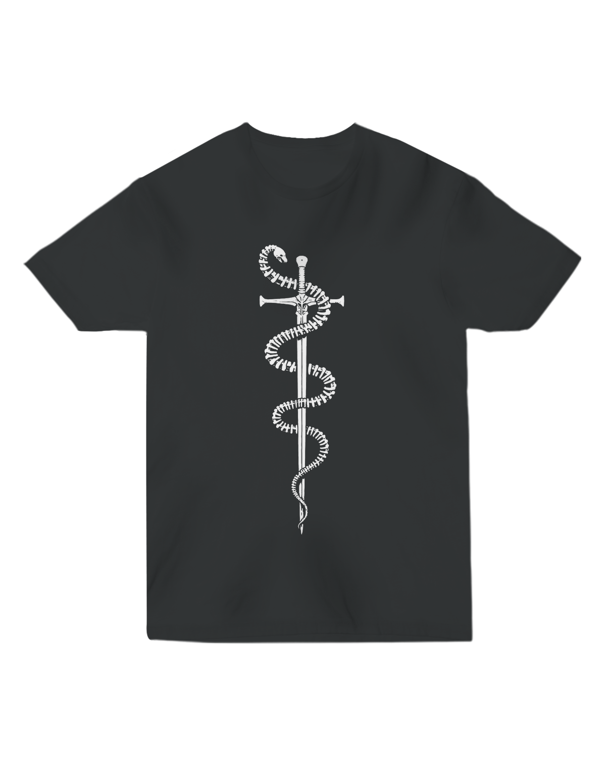 "Black Sword and Bones t-shirt with white skeletal blade graphic, modeled with leather bracer and dice pouch for RPG warrior aesthetic"