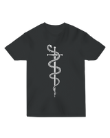 "Black Sword and Bones t-shirt with white skeletal blade graphic, modeled with leather bracer and dice pouch for RPG warrior aesthetic"