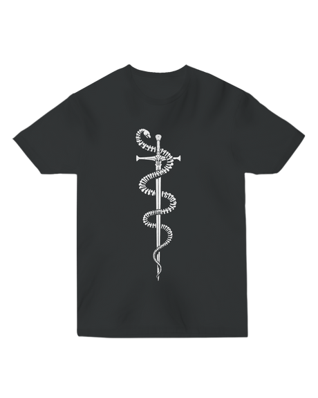 "Black Sword and Bones t-shirt with white skeletal blade graphic, modeled with leather bracer and dice pouch for RPG warrior aesthetic"