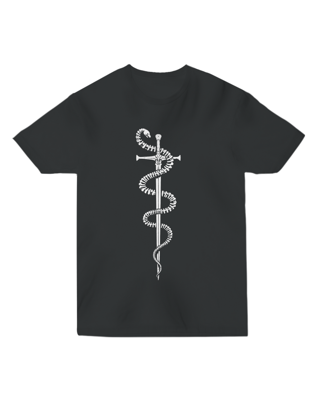 "Black Sword and Bones t-shirt with white skeletal blade graphic, modeled with leather bracer and dice pouch for RPG warrior aesthetic"