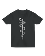 "Black Sword and Bones t-shirt with white skeletal blade graphic, modeled with leather bracer and dice pouch for RPG warrior aesthetic"