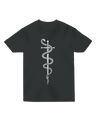 "Black Sword and Bones t-shirt with white skeletal blade graphic, modeled with leather bracer and dice pouch for RPG warrior aesthetic"
