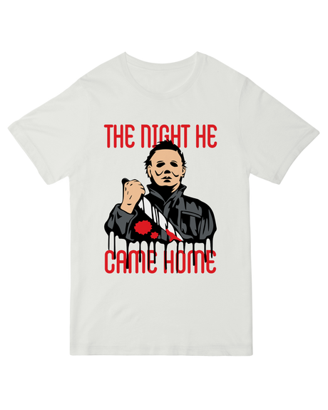 "Vintage 'The Night He Came Home' horror t-shirt for Halloween and slasher movie fans"