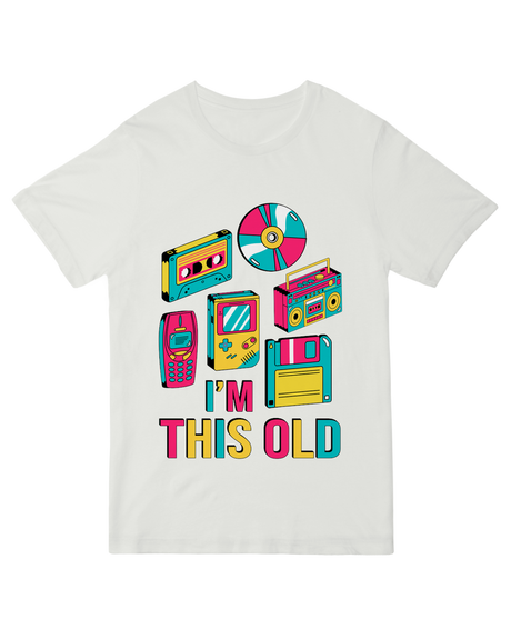 "Heather gray 'I'm This Old' retro tech t-shirt with vintage gadget graphic - nostalgic cotton tee for 90s kids and Millennials"