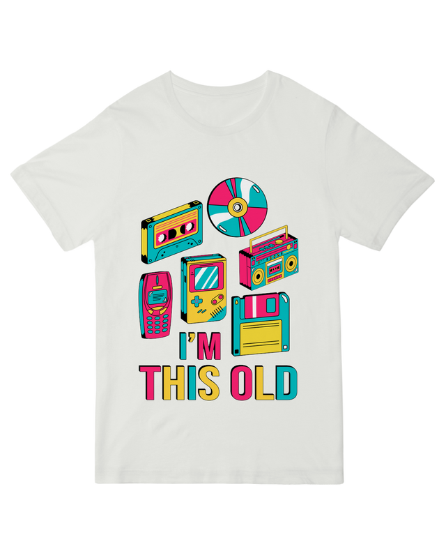 "Heather gray 'I'm This Old' retro tech t-shirt with vintage gadget graphic - nostalgic cotton tee for 90s kids and Millennials"